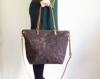 Waxed Canvas Tote with Leather Straps, Personalized Diaper Bag