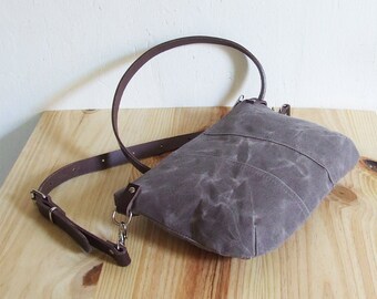 Small Waxed Canvas Crossbody Bag, Purse with Zipper and Leather Strap