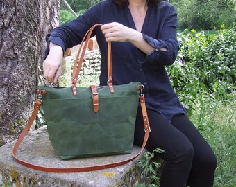 Waxed Canvas Tote Bag with Leather Straps, Personalized Diaper Bag, Weekender Bag