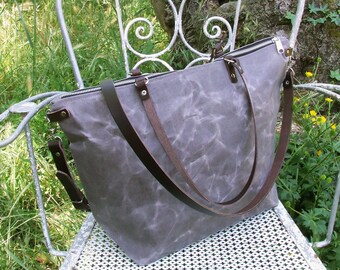 Waxed Canvas Tote Bag Tan Brown, Personalized Diaper Bag, Leather Straps