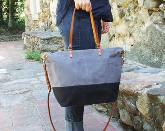 Waxed Canvas Bag with Leather Straps and Zipper, Waxed Canvas Tote, Diaper Bag