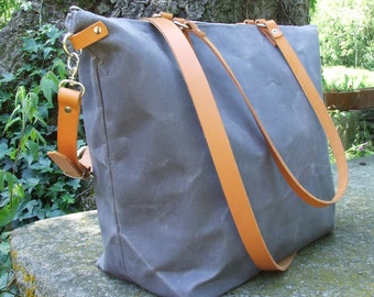 Waxed Canvas Tote with Leather Straps and Zipper, Diaper Bag, Weekender Bag