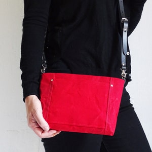 Red Small Waxed Canvas Crossbody Purse with Leather Strap, Zipper Bag