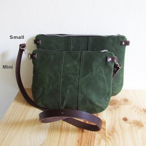 Mini Small Green Waxed Canvas Crossbody Purse with Zipper and Leather Straps image 5