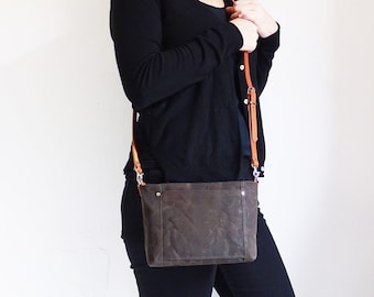 Small Waxed Canvas Crossbody Bag, Leather Strap, Zipper Purse