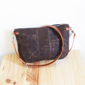 Small Waxed Canvas Bag, Crossbody Purse with Zipper and Leather Straps image 1