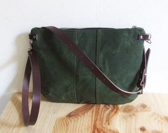 Small Waxed Canvas Bag, Crossbody Purse with Zipper and Leather Straps