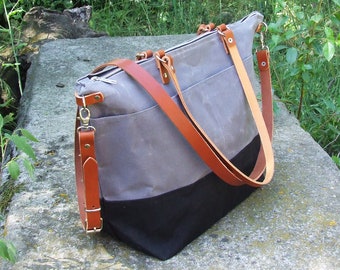 Waxed Canvas Tote with Leather Straps and Zipper, Waxed Canvas Bag, weekender Bag