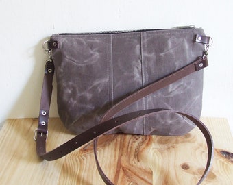 Small Waxed Canvas Crossbody Bag, Purse with Zipper and Leather Strap