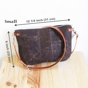 Mini small brown waxed canvas crossbody bag, crossbody purse with zipper and leather straps image 9