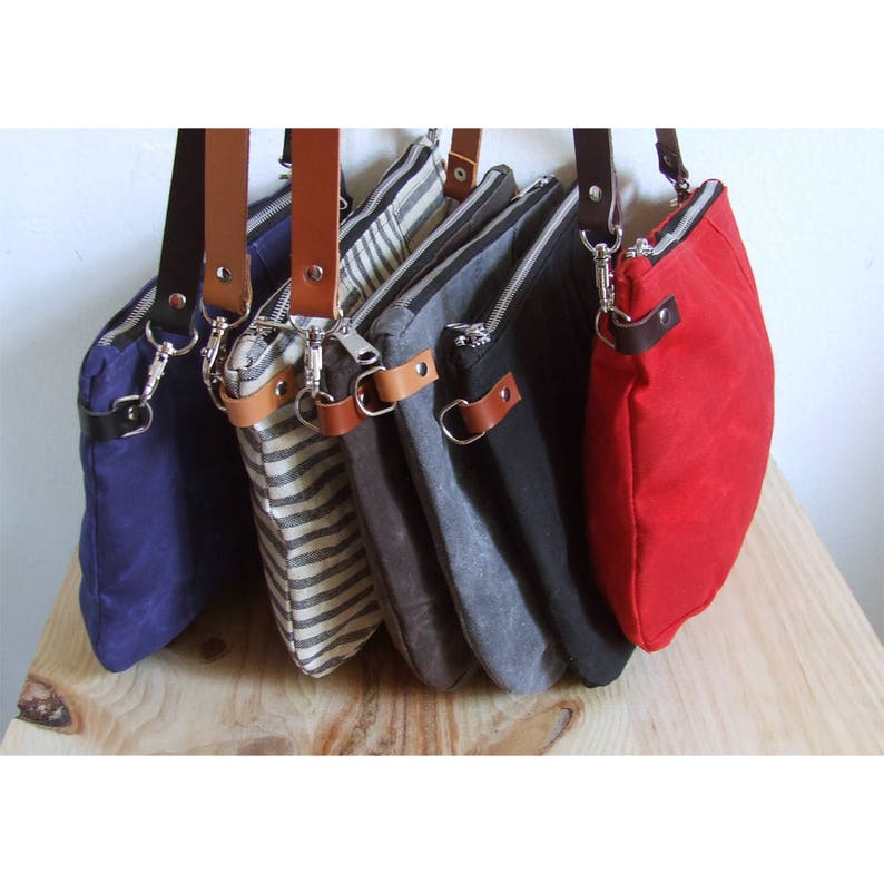 Small Waxed Canvas Bag, Crossbody Purse with Zipper and Leather Straps image 8