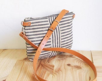 Mini Small Striped Waxed Canvas Crossbody Purse with Zipper and Leather Straps