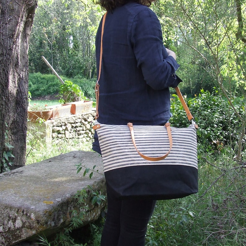 Leather Straps Personalized Diaper Bag Striped Bag Waxed Canvas Tote