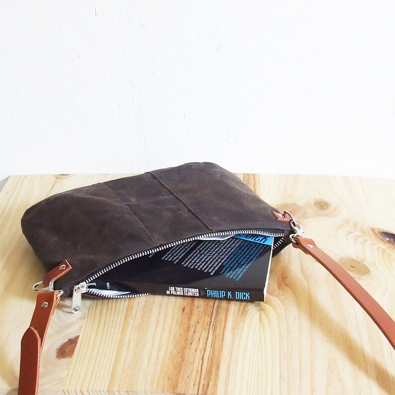 Mini small brown waxed canvas crossbody bag, crossbody purse with zipper and leather straps image 4