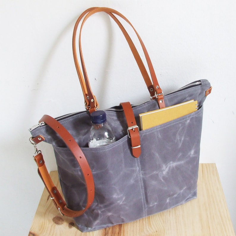 Waxed canvas tote with zipper and leather straps, Personalized Diaper Bag, Weekender Bag Grey - Hazel. straps