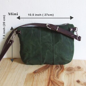 Mini Small Green Waxed Canvas Crossbody Purse with Zipper and Leather Straps image 8
