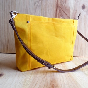 Small Waxed Canvas Crossbody Purse, Leather Strap, Zipper Bag Yellow