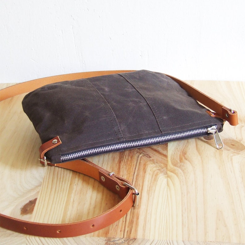 Mini small brown waxed canvas crossbody bag, crossbody purse with zipper and leather straps image 3