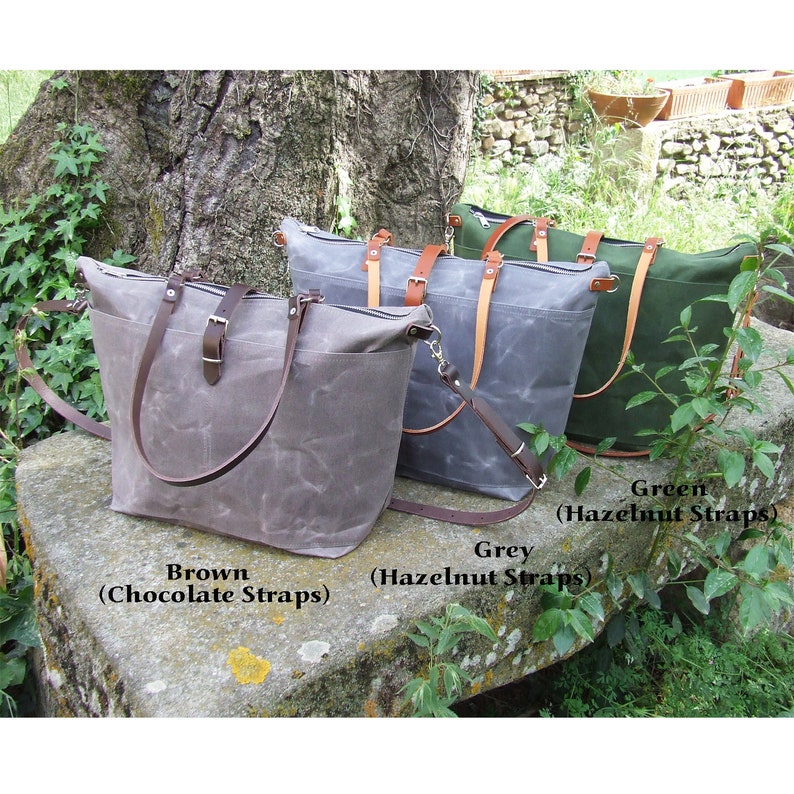Waxed canvas tote with zipper and leather straps, Personalized Diaper Bag, Weekender Bag image 10