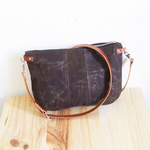 Mini small brown waxed canvas crossbody bag, crossbody purse with zipper and leather straps image 1