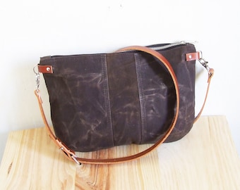 Mini small brown waxed canvas  crossbody bag, crossbody purse with zipper and leather straps