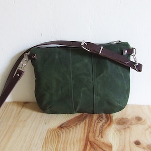 Mini Small Green Waxed Canvas Crossbody Purse with Zipper and Leather Straps image 1