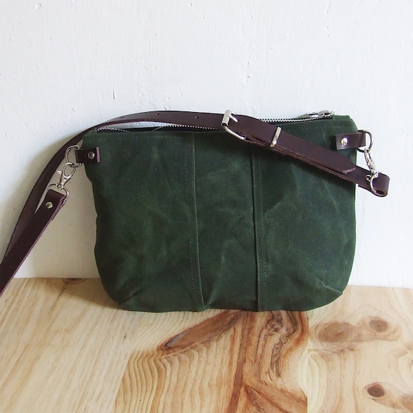 Mini Small Green Waxed Canvas Crossbody Purse with Zipper and Leather Straps