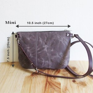 Mini Small Brown Waxed Canvas Crossbody Purse with Zipper and Leather Straps image 9