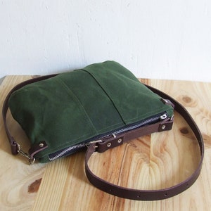 Mini Small Green Waxed Canvas Crossbody Purse with Zipper and Leather Straps image 2
