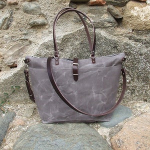 Waxed canvas tote with zipper and leather straps, Personalized Diaper Bag, Weekender Bag Brown - Choc. straps