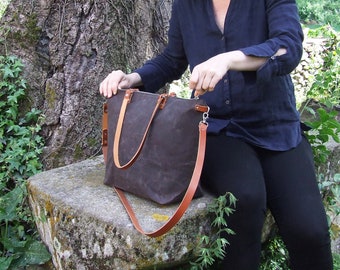 Waxed Canvas Tote with Leather Straps, Personalized Weekender Bag