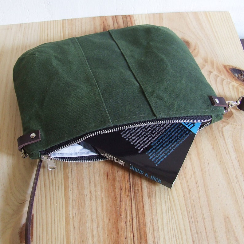Mini Small Green Waxed Canvas Crossbody Purse with Zipper and Leather Straps image 4
