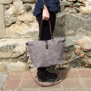 Gewaxte Canvas Weekender Tote Bag met lederen riemen, Tan