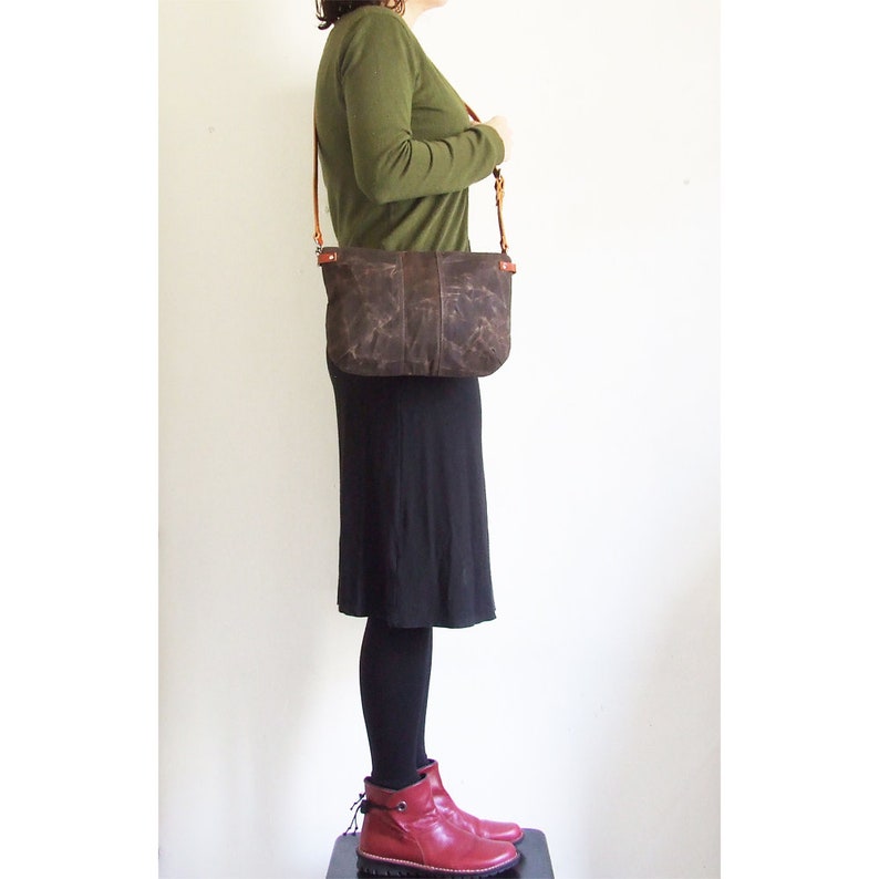 Small Waxed Canvas Bag, Crossbody Purse with Zipper and Leather Straps image 4