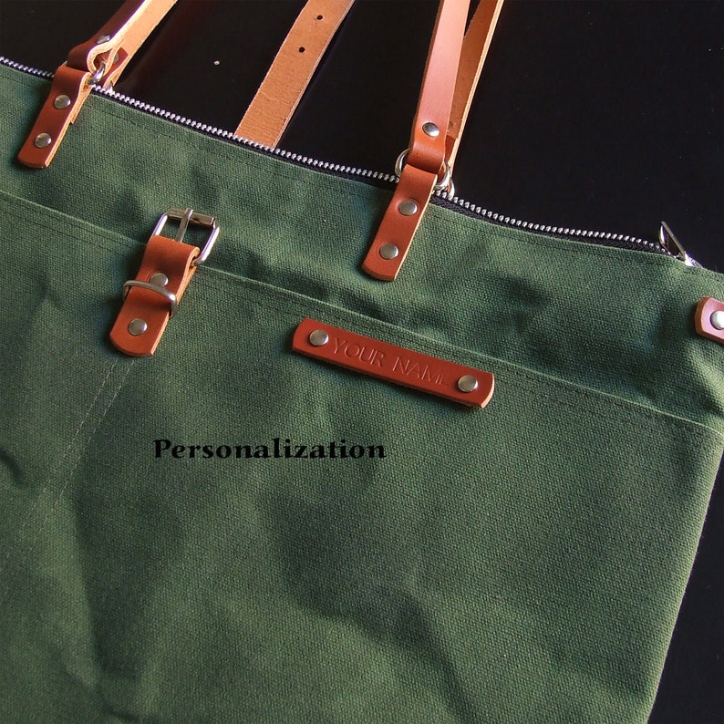 Waxed canvas tote with zipper and leather straps, Personalized Diaper Bag, Weekender Bag image 7