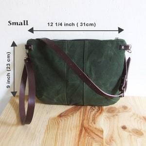 Mini Small Green Waxed Canvas Crossbody Purse with Zipper and Leather Straps image 9