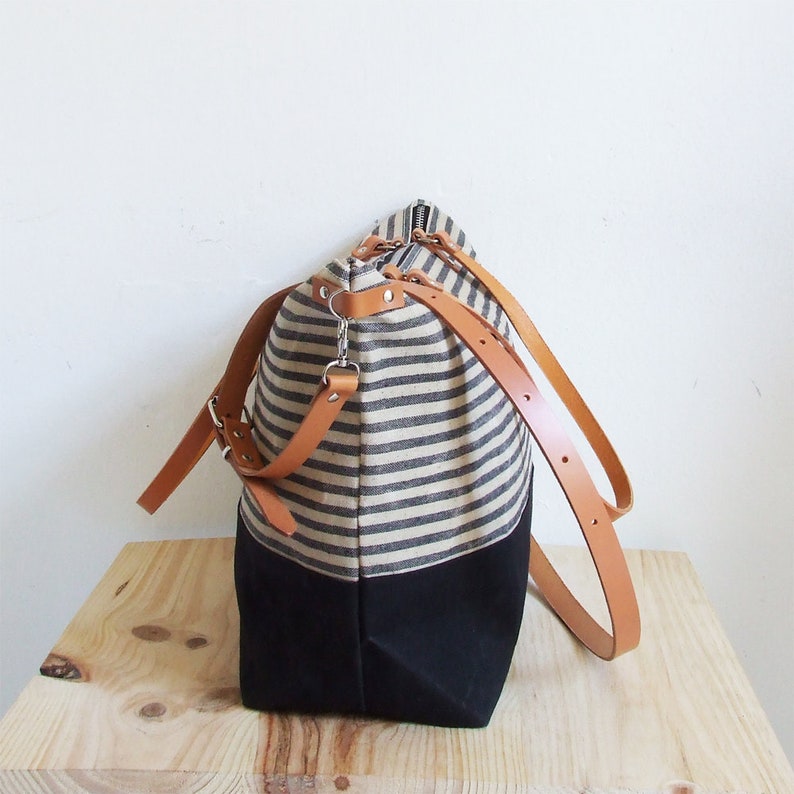 Leather Straps Personalized Diaper Bag Striped Bag Waxed Canvas Tote