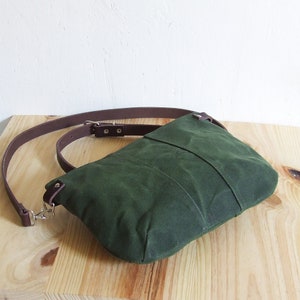 Mini Small Green Waxed Canvas Crossbody Purse with Zipper and Leather Straps image 3