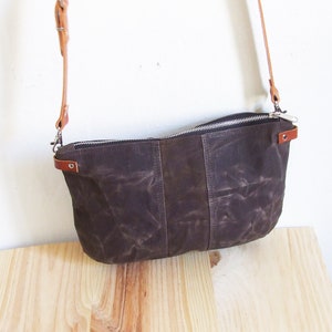 Small Waxed Canvas Bag, Crossbody Purse with Zipper and Leather Straps image 2