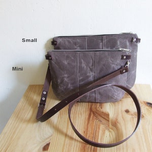 Mini Small Brown Waxed Canvas Crossbody Purse with Zipper and Leather Straps image 7