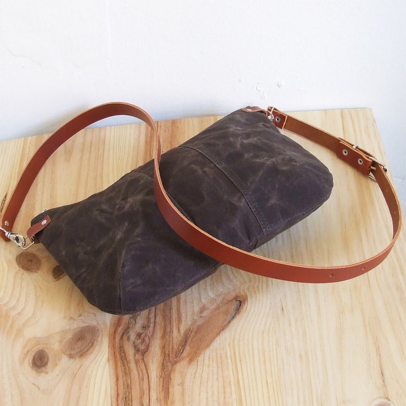 Mini small brown waxed canvas crossbody bag, crossbody purse with zipper and leather straps image 5