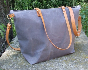Waxed Canvas Tote with Leather Straps and Zipper, Diaper Bag, Weekender Bag