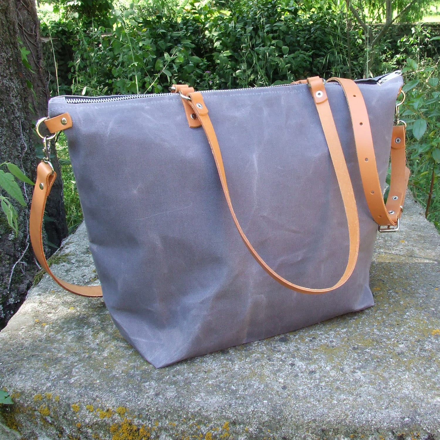 Waxed Canvas Tote With Leather Straps and Zipper Diaper Bag Etsy