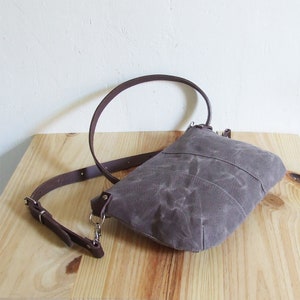 Mini Small Brown Waxed Canvas Crossbody Purse with Zipper and Leather Straps image 2