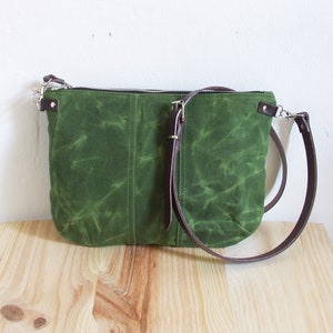 Small Waxed Canvas Crossbody Bag, Zipper Cross body Purse with Zipper, Leather Straps
