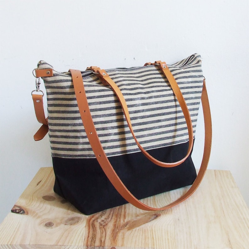 Leather Straps Personalized Diaper Bag Striped Bag Waxed Canvas Tote