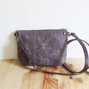 Mini Small Brown Waxed Canvas Crossbody Purse with Zipper and Leather Straps