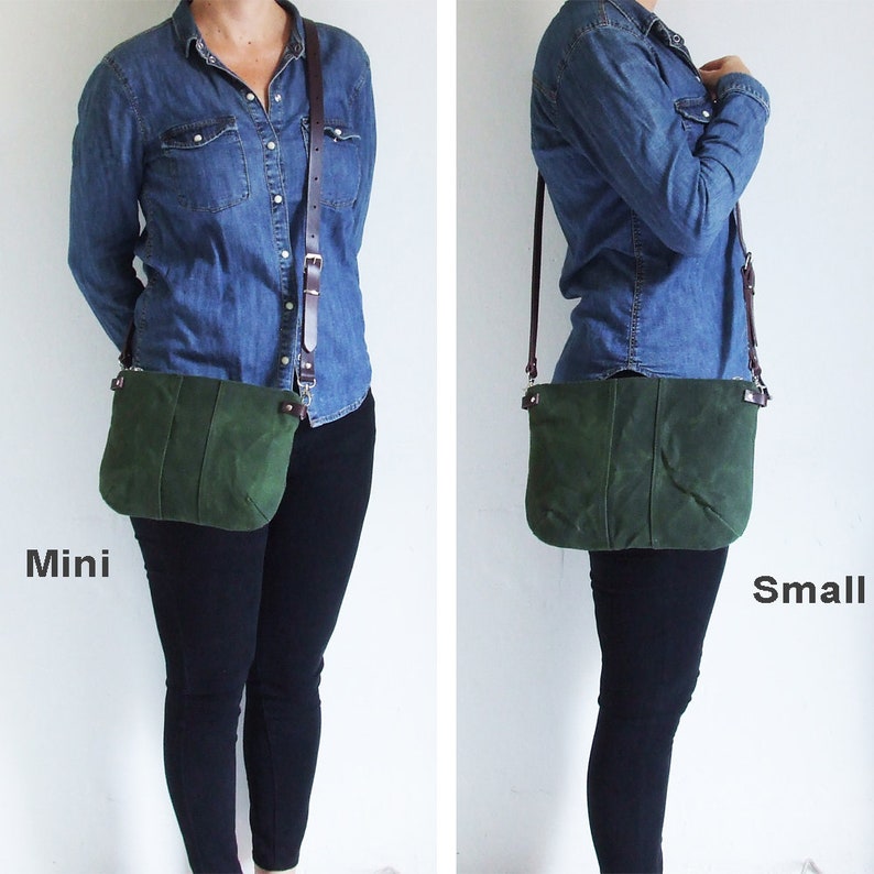 Mini Small Green Waxed Canvas Crossbody Purse with Zipper and Leather Straps image 7