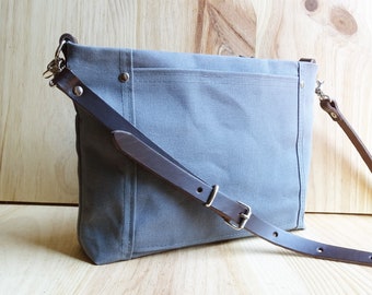 Small Waxed Canvas Crossbody Bag, Leather Strap, Zipper Purse