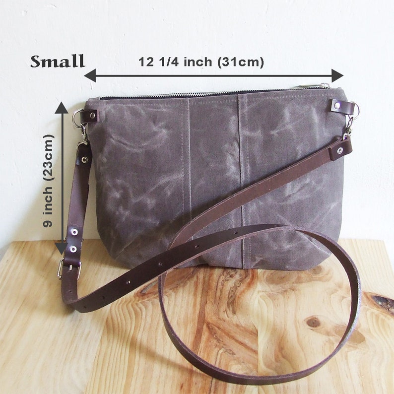 Mini Small Brown Waxed Canvas Crossbody Purse with Zipper and Leather Straps image 10